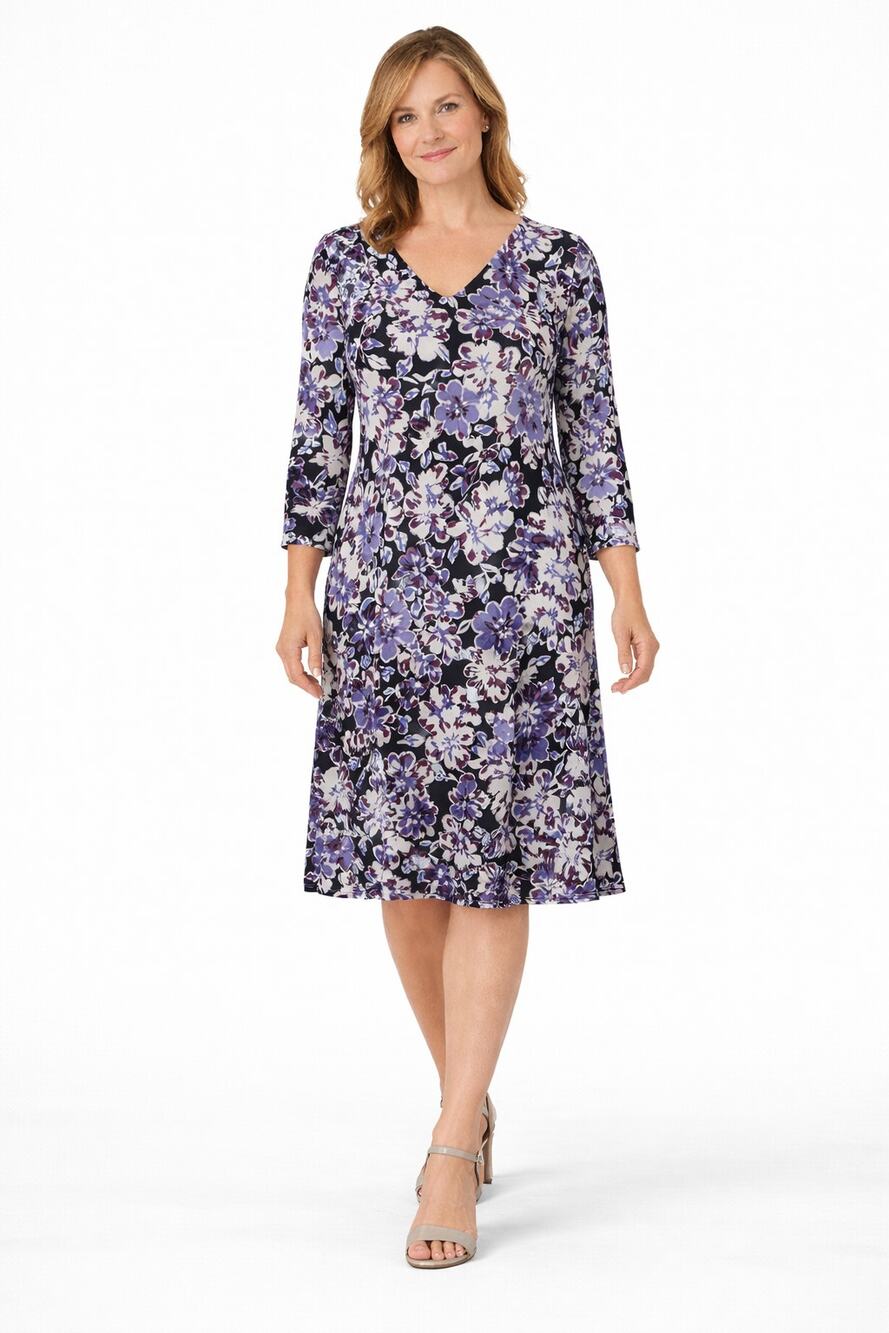 J Jill Wearever Collection V Neck Midi Dress Dark Floral Purple Womens Large